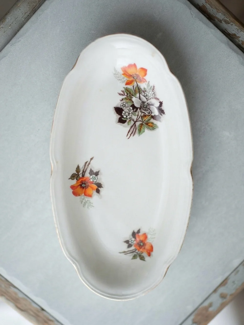 Vintage Soviet Korosten Porcelain Oval Platter Orange Floral 1970s USSR 12